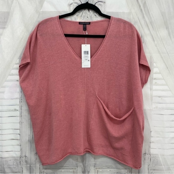 Eileen Fisher Blossom Pink Organic Linen Cotton V-Neck Box Top Pocket Oversized - Picture 8 of 11